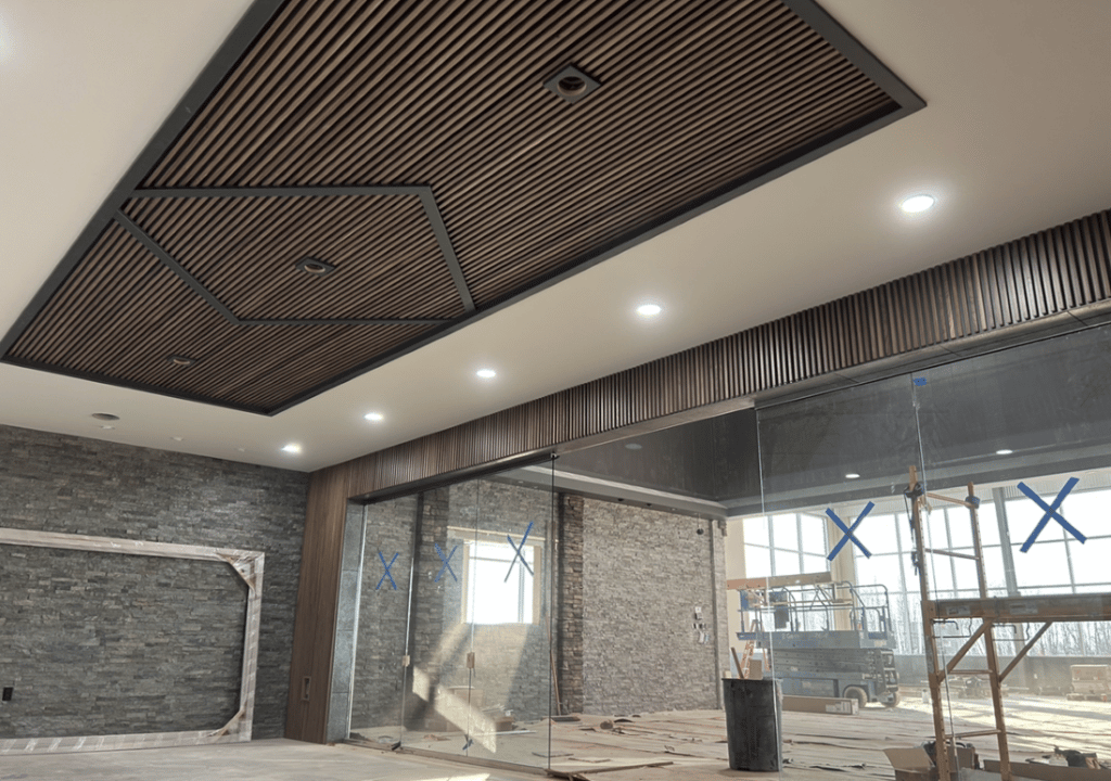 The custom ceiling and wall - solid walnut slats - Vegreville Alberta