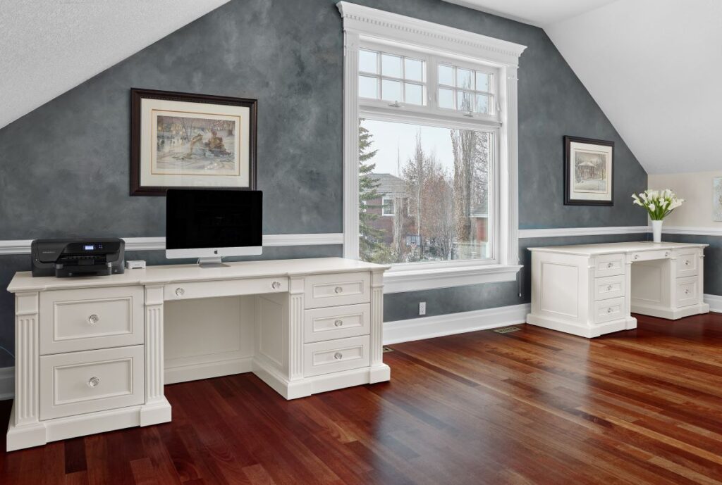 Custom white lacquer freestanding desk, shaker style drawer fronts, panelled ends - St. Albert, AB