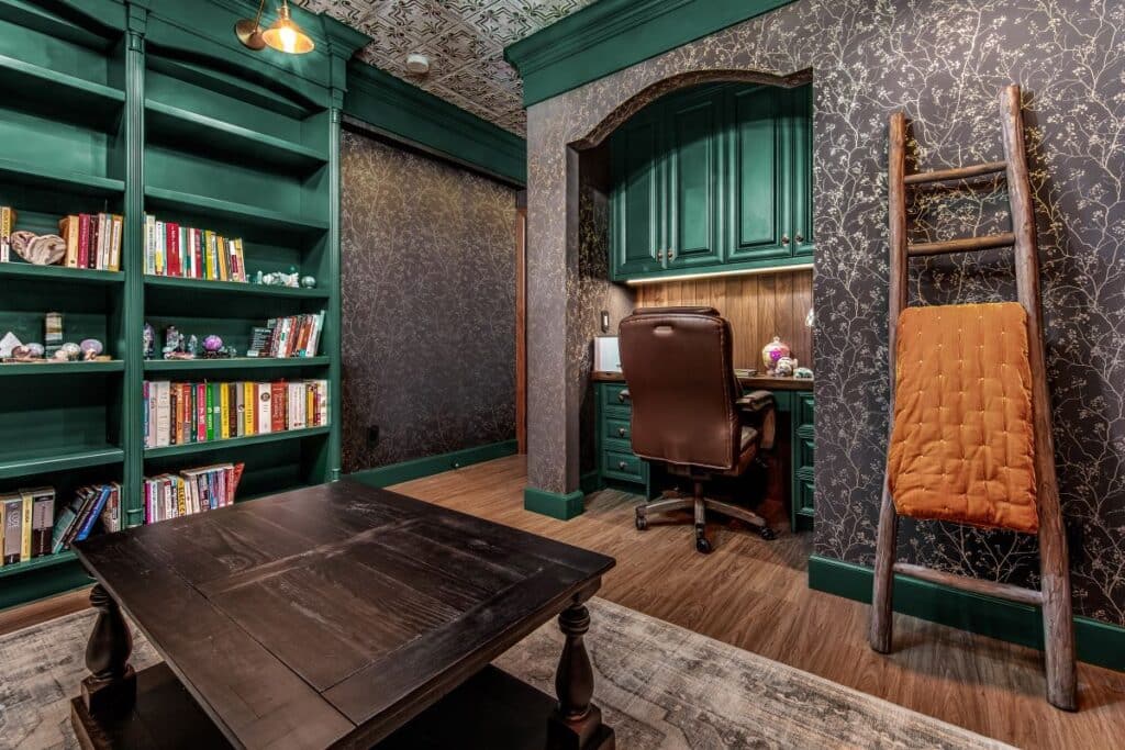 walnut shiplack, built in desk, gold wallpaper, tin ceiling, bookshelves, crown moulding,