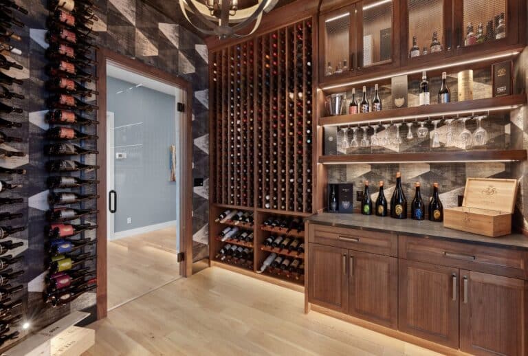 custom wine cellar, custom wine room, walnut wine cellar, interior door, walnut door, walnut casing