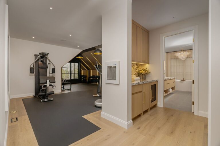 Flat panel, rift cut white oak, gym bar, wood cabinets, flat panel rift cut white oak