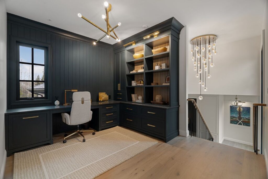 shiplap, white oak fluting, stone countertops, crown to ceiling, dark cabinets