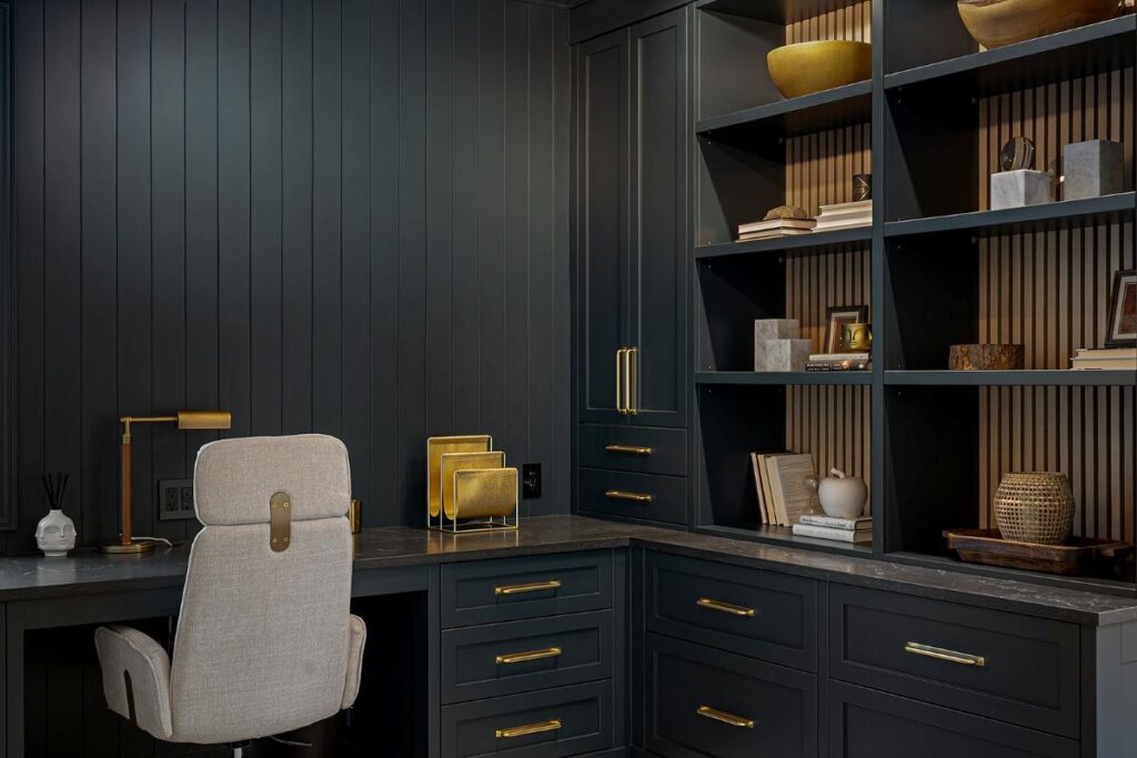 shiplap, white oak fluting, stone countertops, crown to ceiling, dark cabinets